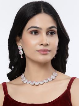 ZENEME - Rhodium Plated Silver Toned Pink American Diamond Dazzling Jewellery