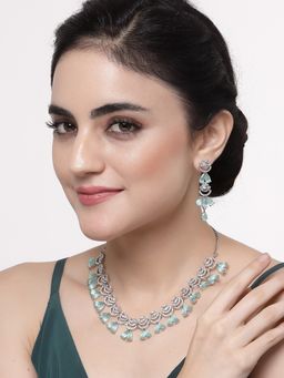 ZENEME - Rhodium-Plated Turquoise American Diamond Teardrop Crescent Shaped