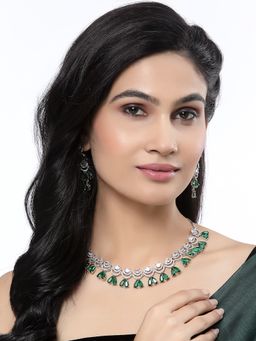 ZENEME - Rhodium-Plated Green American Diamond Teardrop Crescent Shaped