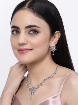 ZENEME - Silver Plated Sea Green Crystal Ad Studded Floral Minimal Jewellery