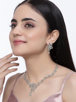 ZENEME - Silver Plated Royal Blue Crystal Ad Studded Floral Minimal Jewellery