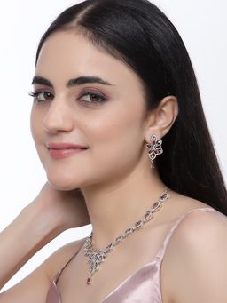 ZENEME - Silver Plated Red Crystal Ad Studded Floral Minimal Jewellery