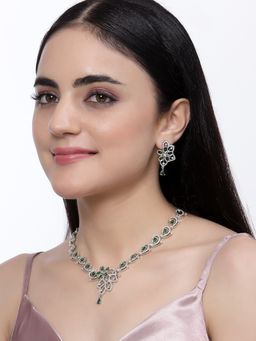 ZENEME - Silver Plated Green Crystal Ad Studded Floral Minimal Jewellery