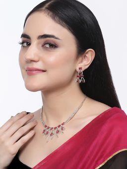 ZENEME - Rhodium Plated Silver Toned Red American Diamond Crystal Jewellery