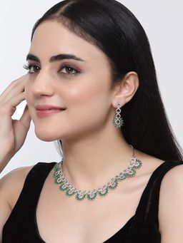 ZENEME - Silver Toned Rhodium Plated Crystal Green Ad Flower Jewellery