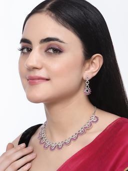 ZENEME - Silver Toned Rhodium Plated Crystal Red Ad Flower Jewellery