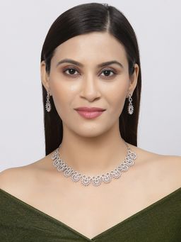 ZENEME - Silver Toned Rhodium Plated Crystal Pink Ad Flower Jewellery