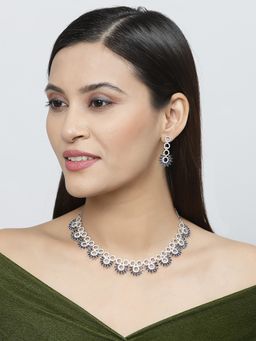 ZENEME - Silver Toned Rhodium Plated Crystal Blue Ad Flower Jewellery