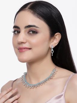 ZENEME - Silver Toned Blue Crystal Ad Studded Tear Drop Designer Jewellery