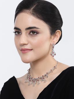 ZENEME - Rhodium Plated Red American Diamond Studded Sleek Necklace and Earring