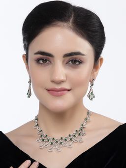ZENEME - Rhodium Plated Green American Diamond Studded Sleek Necklace and Earring