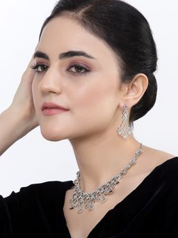 ZENEME - Rhodium Plated White American Diamond Studded Sleek Necklace and Earring