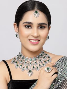 ZENEME - Rhodium Plated Silver Green Crystal Ad Bridal Necklace Mang Tikka Earrings Ring Set