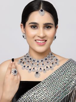 ZENEME - Rhodium Plated Silver Blue Crystal Ad Bridal Necklace Mang Tikka Earrings Ring Set