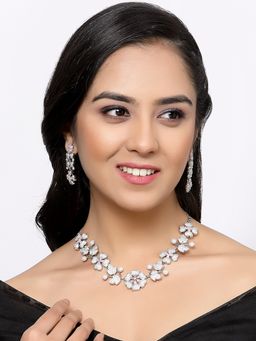 ZENEME - Rhodium-Plated Silver Pink American Diamond Floral Minimalist Jewellery