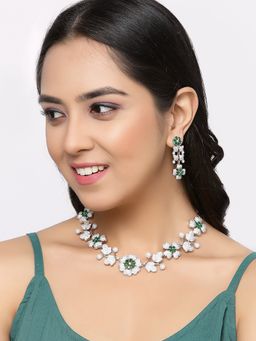 ZENEME - Rhodium Plated Silver Green American Diamond Floral Minimalist Jewellery