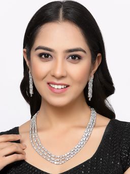 ZENEME - Rhodium Plated Silver Toned Multi Layered White Crystal Ad Jewellery