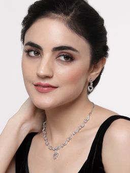 ZENEME - Rhodium Plated Silver Plated Pink American Diamond Necklace Jewellery