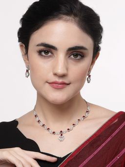 ZENEME - Rhodium Plated Silver Plated Red American Diamond Necklace Jewellery