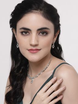 ZENEME - Rhodium Plated Silver Plated Turquoise American Diamond Necklace Jewellery