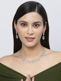 ZENEME - Rhodium-Plated Silver Toned Sea Turquoise American Diamond Flower Necklace