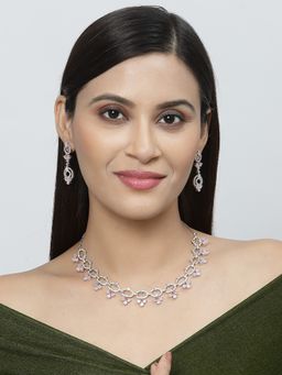 ZENEME - Rhodium-Plated Silver Toned Pink American Diamond Flower Necklace and Earring for Women