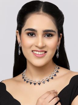 ZENEME - Rhodium-Plated Silver Toned Blue American Diamond Flower Necklace and Earring for Women