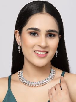 ZENEME - Rhodium Plated Silver Toned American Diamond Studded Jewellery