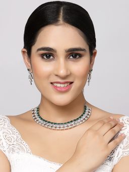 ZENEME - Rhodium Plated Silver Toned Green American Diamond Studded Jewellery