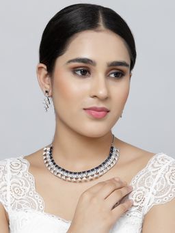 ZENEME - Rhodium Plated Silver Toned Blue American Diamond Studded Jewellery