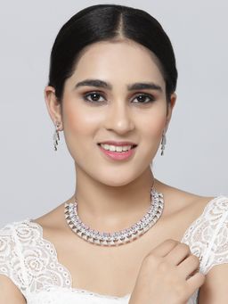 ZENEME - Rhodium Plated Silver Toned Pink American Diamond Studded Jewellery