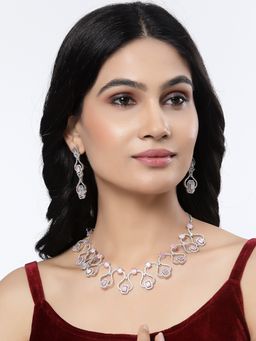ZENEME - Silver Toned Rhodium Plated Pink Dazzling Ad Necklace and Earring