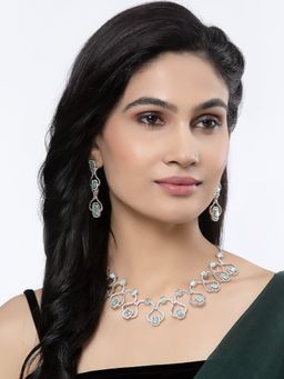 ZENEME - Silver Toned Rhodium Plated Turquoise Dazzling Ad Necklace and Earring
