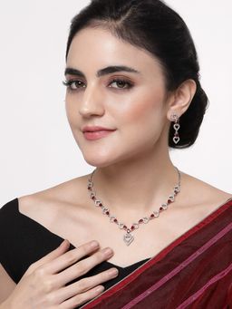 ZENEME - Rhodium Plated Silver Toned Red Ad Crystal Heart Shaped Jewellery