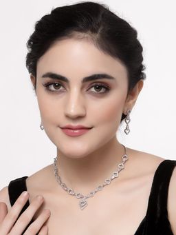 ZENEME - Rhodium Plated Silver Toned Pink Ad Crystal Heart Shaped Jewellery