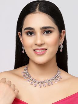 ZENEME - Silver Plated Rhodium Pink Ad Crystal Contemporary Jewellery