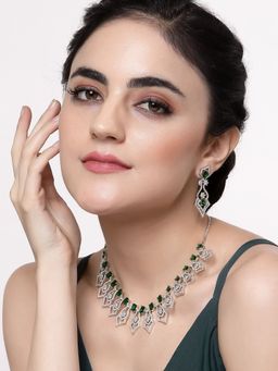 ZENEME - Rhodium Plated Silver Toned Green American Diamond Designer Jewellery