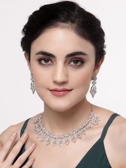 ZENEME - Rhodium Plated Silver Toned White American Diamond Designer Jewellery