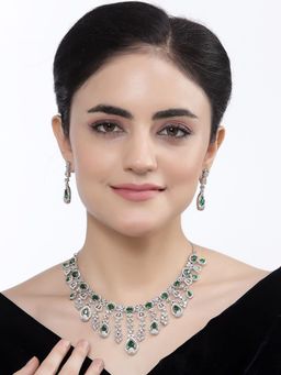 ZENEME - Silver Plated Green Crytal Ad Studded Party Bling Necklace Jewellery