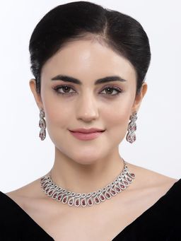 ZENEME - Wedding Luxurious Rhodium Plated Red American Diamond Jewellery