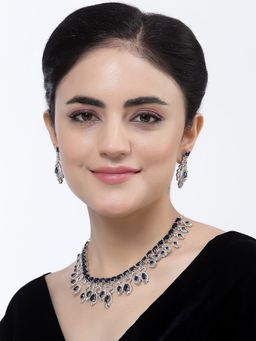 ZENEME - Rhodium-Plated Blue Oval American Diamond Silver Toned Jewellery