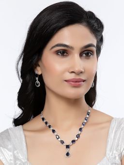 ZENEME - Rhodium Plated Silver Blue American Diamond Fashion Jewellery