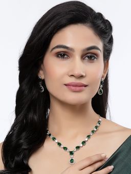ZENEME - Rhodium Plated Silver Green American Diamond Fashion Jewellery