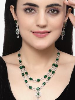 ZENEME - Rhodium Plated Silver Toned Green Crystal Studded Dual Layer Jewellery