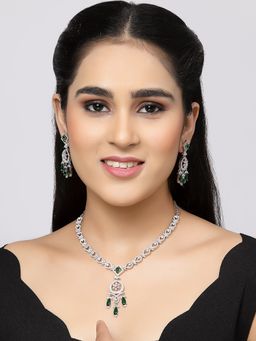 ZENEME - Rhodium-Plated Crystal Ad Green Pendant Style Necklace and Earring