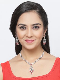 ZENEME - Rhodium-Plated Crystal Ad Red Pendant Style Necklace and Earring