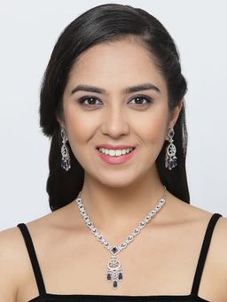 ZENEME - Rhodium-Plated Crystal Ad Blue Pendant Style Necklace and Earring