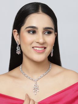 ZENEME - Rhodium-Plated Crystal Ad Pink Pendant Style Necklace and Earring