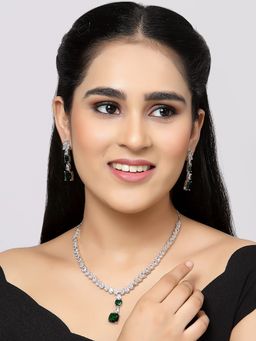 ZENEME - Silver Plated Rhodium Green American Diamond Pendant and Earring Jewellery Set