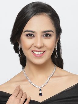 ZENEME - Silver Plated Rhodium Blue American Diamond Pendant and Earring Jewellery Set